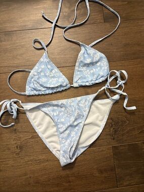 Ella Light Blue & White Floral Triangle String Bikini